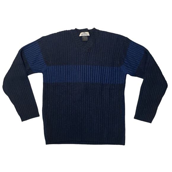 NOBA 1950 V-Neck Knit Sweater Horizontal Stripes Blue Black Italy - Size Large - Picture 1 of 9